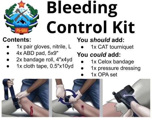 Flyer accompanying bleeding control kits, indicating the contents of the kit, and that the end-user should add a tourniquet